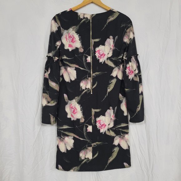 WHBM Black Floral Bell Sleeved Dress Size 2 - Picture 6 of 10